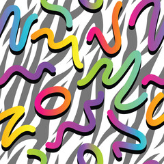 Colorful seamless abstract geometric retro lines vintage pattern in retro 80s memphis style on animal skin pattern