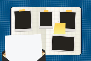 opened note book template with empty photo frame, blank paper, sticky notes and envelope letter on cutting mat Vector illustration