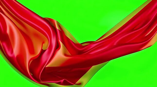 Red silk cloth flying on green screen background