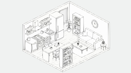 Cozy Isometric Studio Apartment Layout with Kitchen and Living Area.