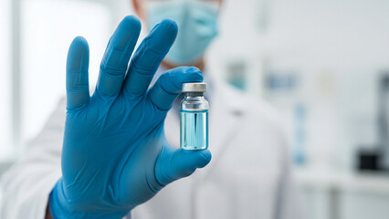 Medical Professional In Mask And Blue Gloves Presents Vaccine Vial In Laboratory Setting. symbolizing vaccination, medical research, and patient care in a bright, modern laboratory.