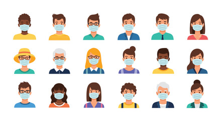 Collection of diverse character avatars, men and women of different ages and ethnicities, all wearing blue medical face masks.
