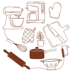 Kitchen tools illustration featuring mixer coffee maker oven mitts and various utensils