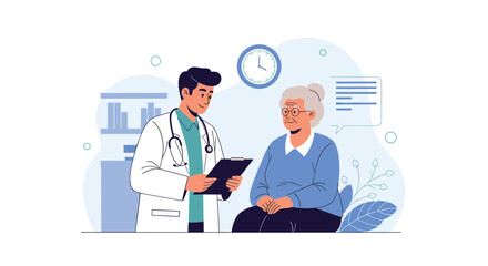 Caring male doctor with a stethoscope holding a clipboard and talking with an elderly female patient during a medical check-up.