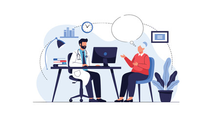 Male doctor discussing a diagnosis with an elderly female patient in his office, with a blank thought bubble for the patient.