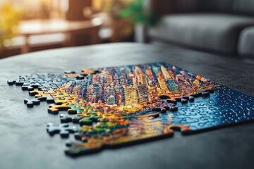 Naklejka premium Cityscape jigsaw puzzle in progress