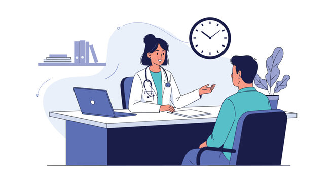 Professional female doctor in a white coat consulting a male patient at her desk in a modern medical office environment.