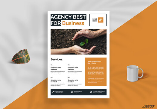 Corporate Flyer Layout with Graphic Elements and Orange Accents