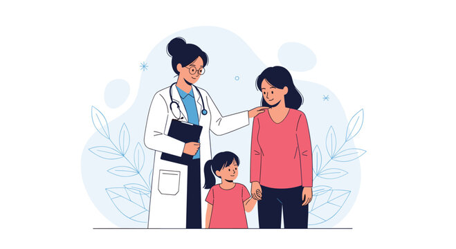 Caring female doctor comforting and reassuring a concerned mother and her young daughter during a medical consultation at a clinic.