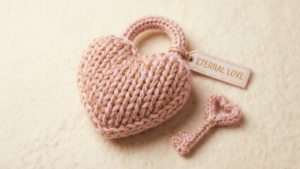 Knitted heart-shaped lock with a key and an "Eternal Love" tag on a soft background
