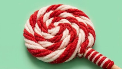 Colorful rope candy swirl in red and white on a mint green background