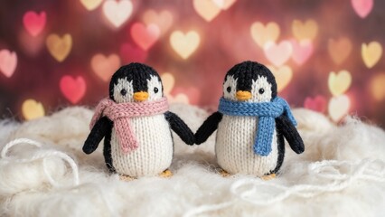 Adorable knitted penguins holding hands with colorful scarves in a romantic heart background
