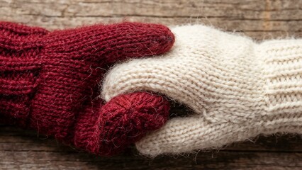 Warm knitted red and white mittens holding hands on a rustic wooden background
