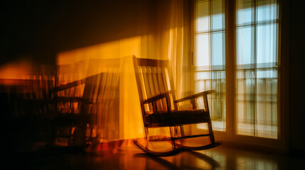 Rocking Chair by the Window in Warm Sunset Light and Serene Interior Scene