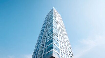Modern skyscraper reaching into the blue sky with reflections on glass windows in a vibrant urban setting showcasing architectural design and innovation