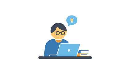 Person working on laptop with books and idea bubble.