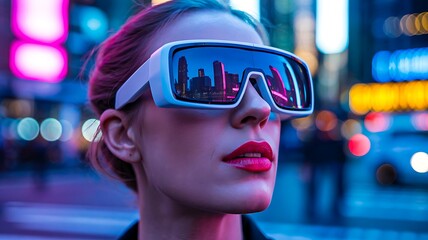 Futuristic woman wearing smart glasses in neon city at night