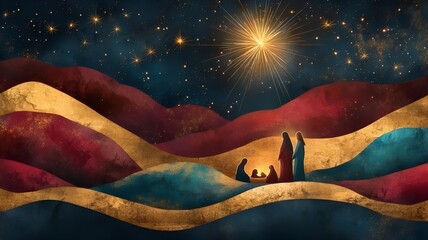 artistic nativity scene at night with holy family silhouettes, radiant star and warm golden light illustration