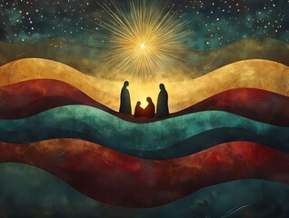 artistic nativity scene at night with holy family silhouettes, radiant star and warm golden light illustration