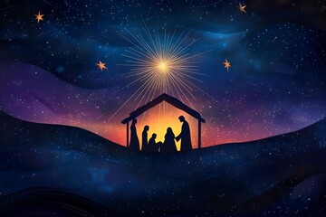 modern minimal nativity scene illustration with warm amber glow, night sky and elegant gradient design