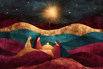 artistic nativity scene at night with holy family silhouettes, radiant star and warm golden light illustration