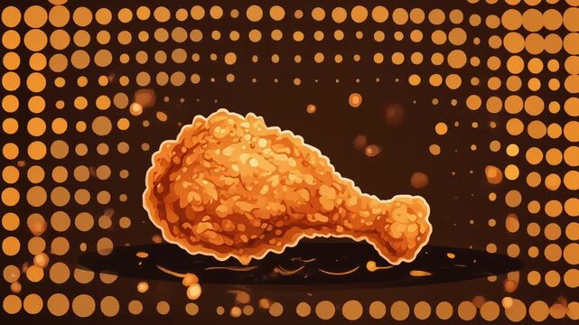 Bouncy fried chicken drumstick animation with crunchy texture and bokeh background. Dynamic motion graphics.