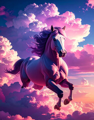 A white horse galloping through a world of purple clouds　紫に光を帯びた雲の世界を駆ける白馬