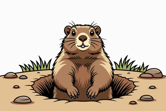 A cute cartoon groundhog peeking out of its burrow in the ground, with green grass and rocks around the hole.