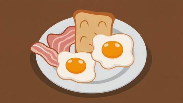 Flat vector breakfast plate with toast, bacon, and sunny-side-up eggs sliding into place. Staggered animation timing.