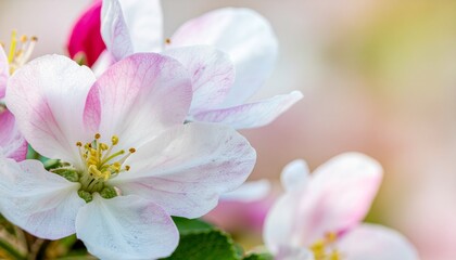 Obraz premium Closeup of delicate pink cherry blossoms in full bloom against soft pastel background highlighting natural beauty of spring flowers