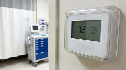 An advanced thermostat with clear digital display monitors temperature in a modern healthcare environment.