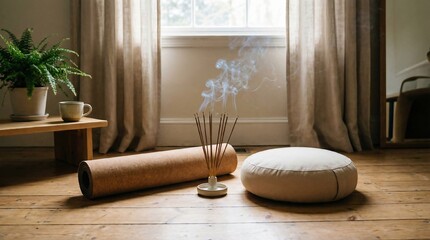 Aesthetic indoor setup. A neatly rolled natural cork yoga mat, a light beige meditation cushion, and a cluster of incense sticks burning gently nearby, releasing thin wisps of smoke.