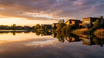 Naklejka premium Sunset Reflections on Suburban Lake