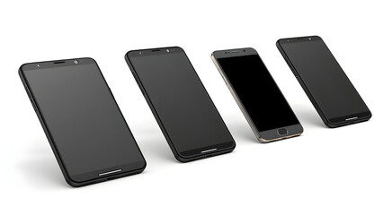 Set Of Four Modern Smartphones In a Row With Black And Gold Finishes For Tech Lifestyle Stock Photo. ideal for technology, business, and lifestyle themes in stock collections.