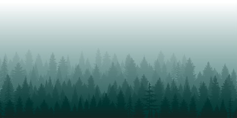 Misty Forest Vector Background Evergreen Pine Trees Silhouette in Foggy Coniferous Woods Landscape