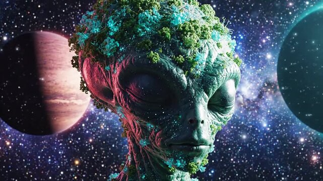 Alien Being with Cosmic Background and Planets, Sci-Fi Art and Fantasy Illustration
