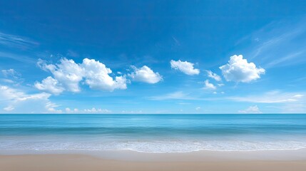Obraz premium Serene Beach Landscape with Calm Waters and Clear Blue Sky, Beautiful Clouds Reflecting on Tranquil Ocean, Perfect for Relaxation and Travel Inspiration
