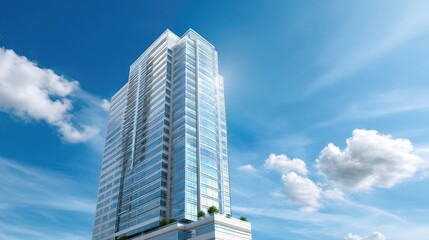 Obraz premium Modern Skyscraper Against Blue Sky with Clouds and Reflection on Glass Windows in Urban Setting for Architectural and Business Themes