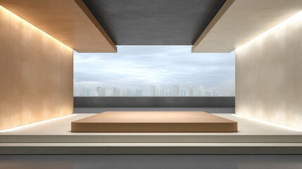 Obraz premium Modern minimalist interior space with geometric design elements and large windows overlooking an urban skyline during a cloudy day