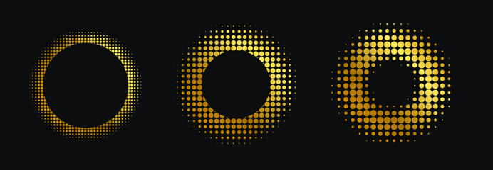 Gold Halton set design template on black background. Gold round frame. Glitter pattern circle logo. Dots emblem. Modern futuristic texture border