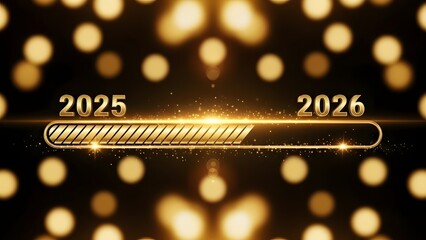 Golden progress bar transitioning from 2025 to 2026 with glowing particles and bokeh lights, representing time passage, future planning, goals, countdown, and successful year transition concept.
