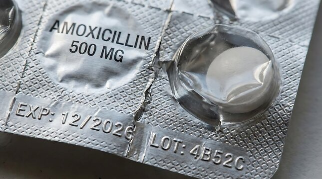 An overhead shot of amoxicillin medication displayed on a sterile surface, offering a straightforward representation of pharmaceutical. 