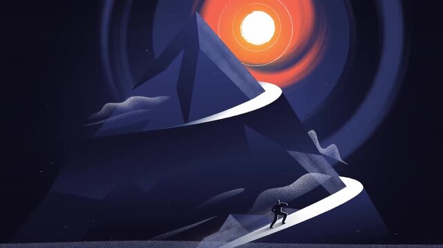 Man Struggling to Climb Mountain Against Strong Wind &ndash; Challenge, Persistence and Determination Concept