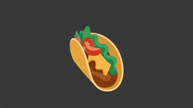 Rotating 2D vector taco with lettuce, tomatoes, and cheese ingredients sliding. Minimalist food animation.