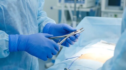A surgeon's steady hands meticulously prepare for an operation, holding surgical instruments. The scene evokes a sense of professionalism and medical precision in a sterile environment.