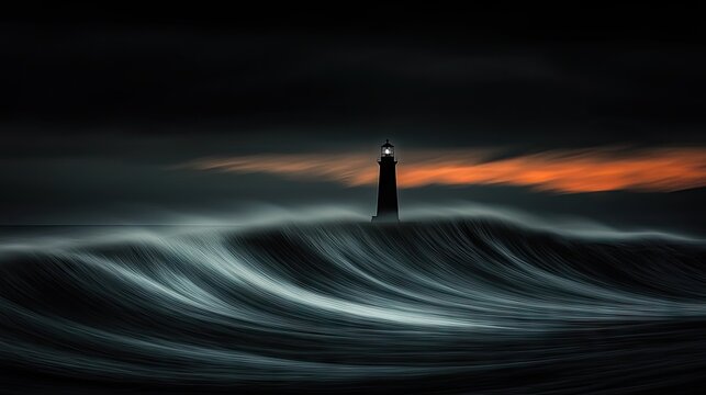 Silhouette lighthouse amidst turbulent, dramatic waves at twilight.