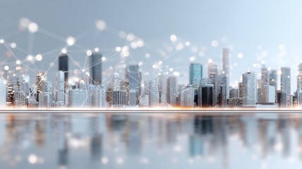 Buildings forming a futuristic city connected a glowing digital network, representing and urban technology development smart