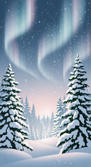 Winter forest landscape with snow falling and vibrant aurora borealis lights dancing above a snowy scene.