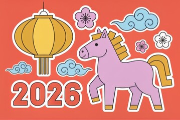 Naklejka premium Chinese Lunar New Year poster with 2026 cartoon horse and lantern on red