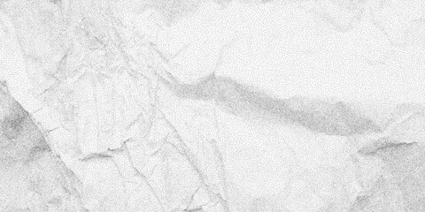 Grunge white wrinkled paper texture with noisy dust and dotted halftone overlay. Aged blank sheet pattern showing uneven creases and rough grit.
